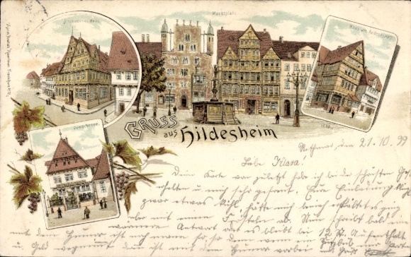 Chromo-Litho Hildesheim in Lower Saxony, Old German House, Market Square