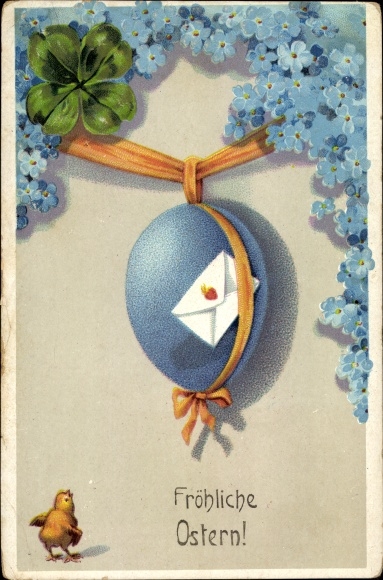 Präge Ak Glückwunsch Ostern, Osterei, Kleeblatt, Küken, Vergissmeinnicht, Brief