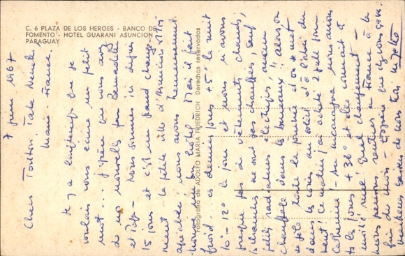 Postcard Asunción Paraguay, Plaza de los Heroes, Banco de Fomento, Hotel Guarani