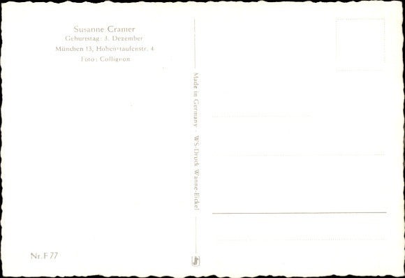 Collector's card actress Susanne Cramer, portrait, target, arrows, The Laughing Vagabond
