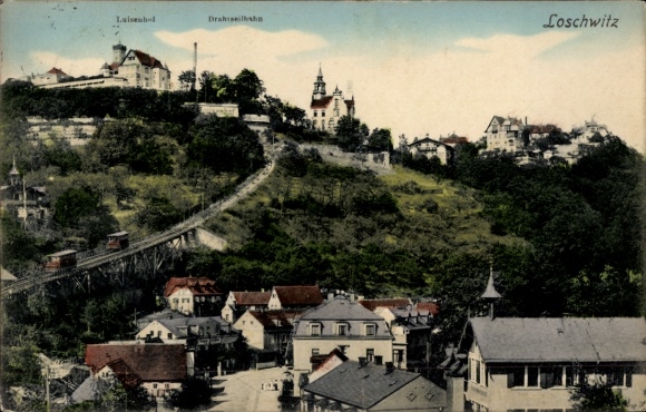 Ak Dresden Loschwitz, Blick auf  Laise hel, Drahtseilbahn, Hügel, Häuser