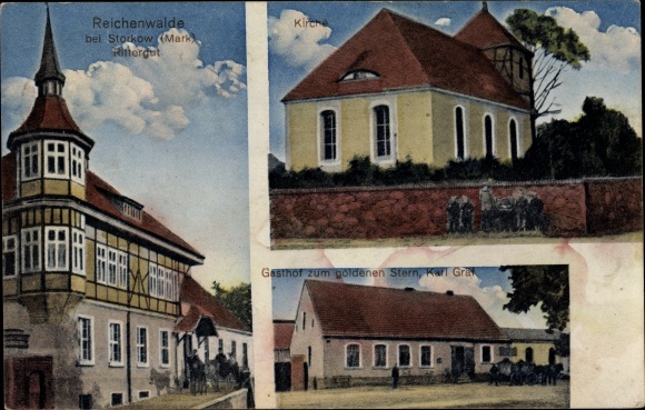 Postcard Reichenwalde district of Oder Spree, church, inn at the golden star, manor