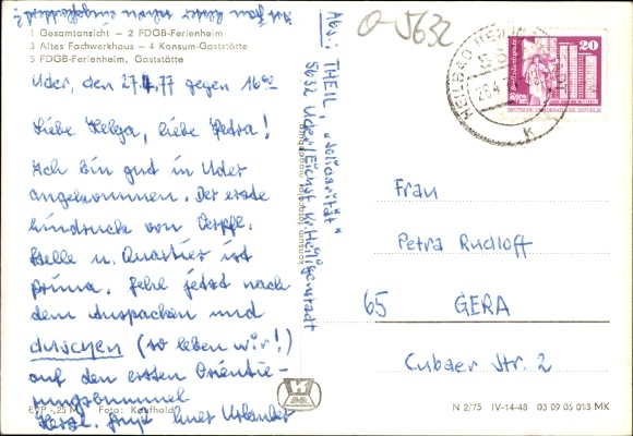 Postcard Uder in Eichsfeld Thuringia, FDGB holiday home, old half-timbered house, consumption restaurant