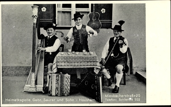 Postcard Hausham in Bayern, Heimatkapelle Gebrüder Saurer und Sohn, Miesbacherstraße 25, harp, bells
