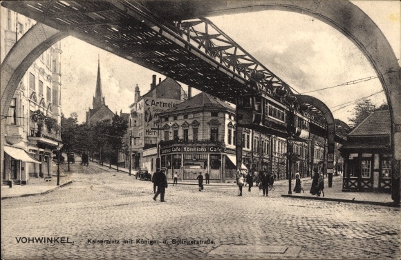 Postcard Vohwinkel Wuppertal, Kaiserplatz, Königsstraße, Solinger Straße, suspension railway, shops, café