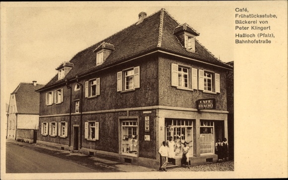 Ak Hassloch in de Saar-Palts, café, bakkerij, Bahnhofstrasse