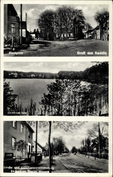 Postcard Seddin Seddiner See Brandenburg, church square, Seddiner See, street, commercial building
