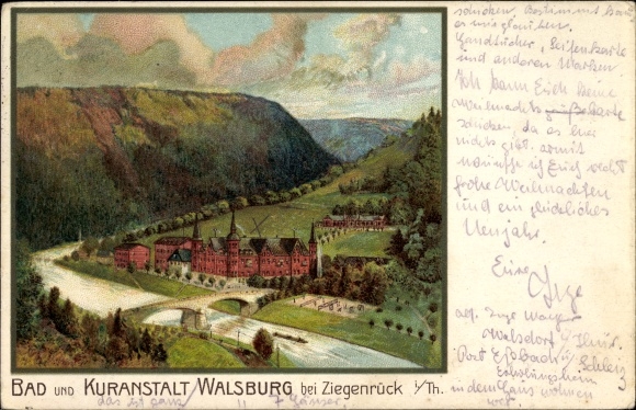 Chromo-Litho Walsburg Eßbach Thuringia, view of the bath and sanatorium, river, bridge, forest