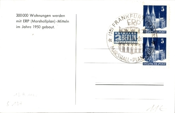 Postcard Federal Republic of Germany, We build through ERP, Marshall Plan, housing construction