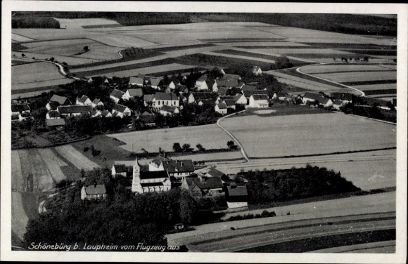 Postcard Schönebürg Schwendi in Upper Swabia, aerial view of Schönebürg, agricultural areas,