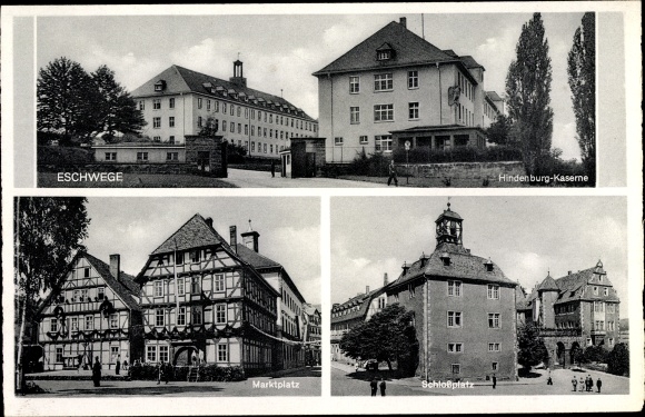 Postcard Eschwege on the Werra Hessen, Hindenburg barracks, market square, palace square