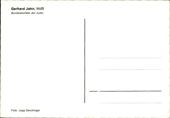 Postcard politician Gerhard Jahn, Federal Minister of Justice, portrait, autograph
