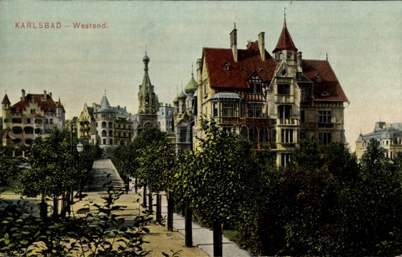 Postcard Karlsbad in Baden, villas in the Westend, trees, path, sophisticated architecture
