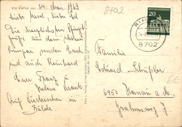 Postcard Rimpar in Lower Franconia, Grumbach Castle, statue