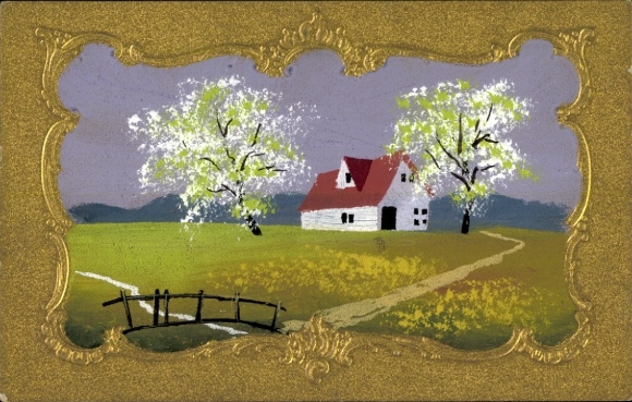 Hand-painted embossed passepartout Postcard residential house, tree blossom