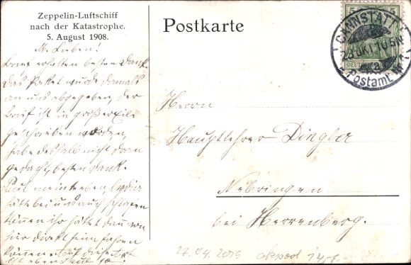 Ak Echterdingen Baden Württemberg, Zeppelin Luftschiff nach der Katastrophe am 05. August 1908