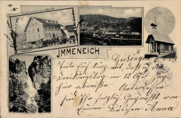 Postcard Immeneich St. Blasien in the Black Forest, Gasthof zum Adler, waterfall, chapel, partial view