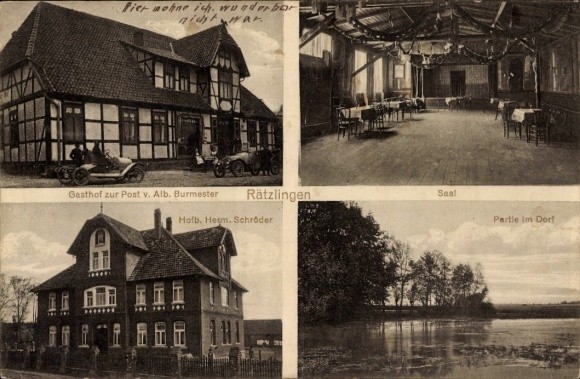 Postcard Rätzlingen in the Lüneburg Heath, Gasthof zur Post, hall, Herm. Schroeder