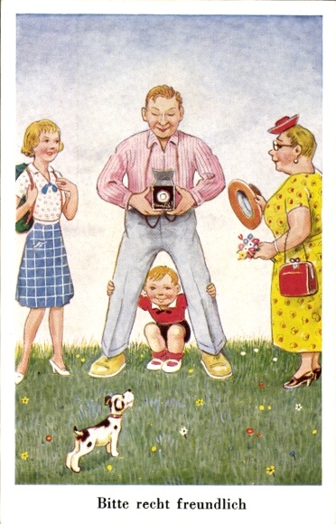 Postcard Please be very friendly, family, man with camera