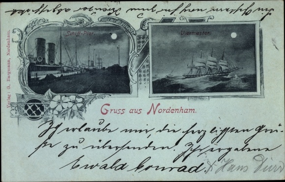 Moonlight PC Nordenham in Lower Saxony, four-master, ship pier, port, sailing ship