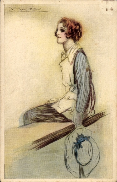 Artist Postcard Mauzan, Painted woman portrait, hat