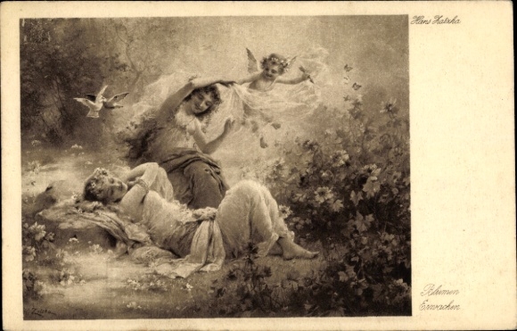 Kunstenaarskaart Zatzka, H., vrouwen en engelen bij de rivier