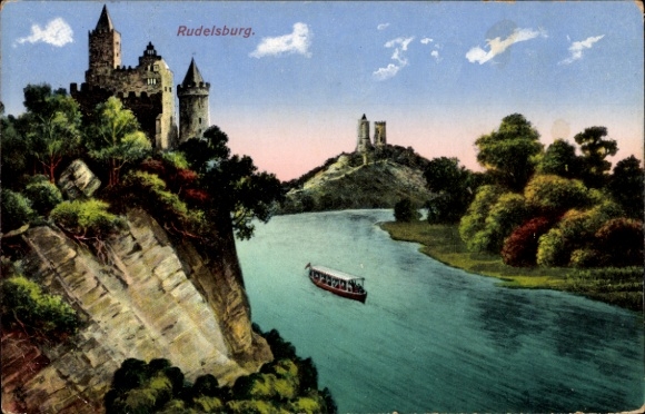 Ak Bad Kösen Naumburg an der Saale, Rudelsburg, Burg, Fluss, Boot, Bäume, Himmel