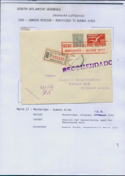 Letter Airmail Deutsche Lufthansa, South Atlantic, 1926 Junkers Mission Montevideo - Buenos Aires