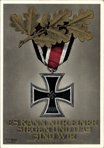 Postal stationery artist Postcard Klein, G., Only one can win and that is us, quote from Adolf Hitler