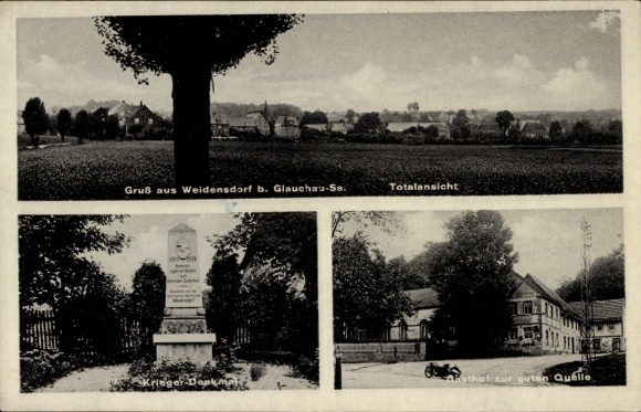 Postcard Weidensdorf Remse in Saxony, total view, war memorial, inn to the good source