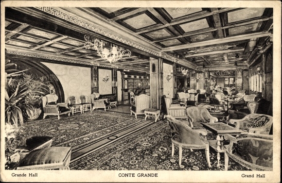 Postcard steamer, passenger ship Conte Grande, saloon, Italian Line