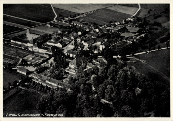 Postcard Landshut in Lower Bavaria, aerial view of Adldorf, rural surroundings, typical Bavarian Ar