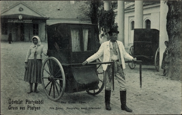 Postcard Piešťany Pistyan Pistian Pöstyen Slovakia, Old Baths, Main Square, infantryman
