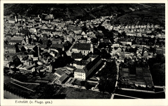 Postcard Eichstätt in Upper Bavaria, aerial view of many houses, green spaces, architecture