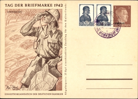 Postal stationery artist PC Axster Heudtlaß, Afrika Korps, Stamp Day 1942