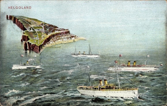 Ak Helgoland in Schleswig Holstein, Blick auf die Insel aus der Vogelschau, Dampfer