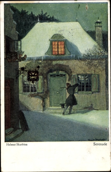 Artist PC Skarbina, Helmut, Serenade, man with violin in front of a house, Primus 5079