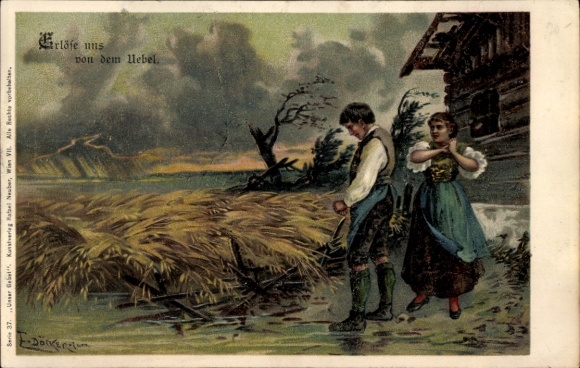 Kunstenaar litho Döcker, E., Verlos ons van kwaad, storm, biddende boeren