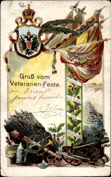 Postcard Veterans Festival, flags, coats of arms, musical instruments