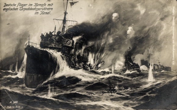 Artist Postcard German pilots fighting with English torpedo boat destroyers in the Channel