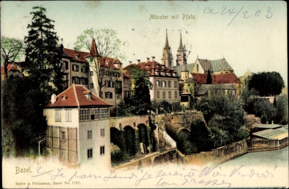 KP Bazylea Bâle City Szwajcaria, Münster z Palatynatem, rzeką, drzewami, domami