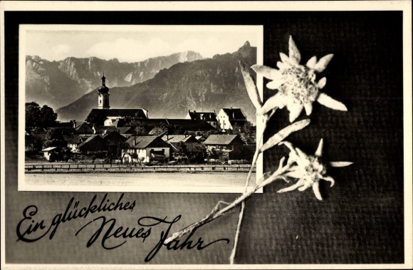 Passepartout Ak Murnau am Staffelsee, Ortspartie, Kirche, Edelweiß, Neujahr