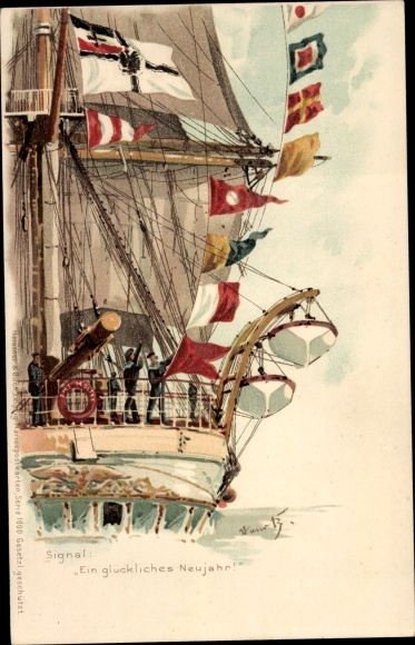Artist PC Bohrdt, sailing ship with signal flags, Happy New Year