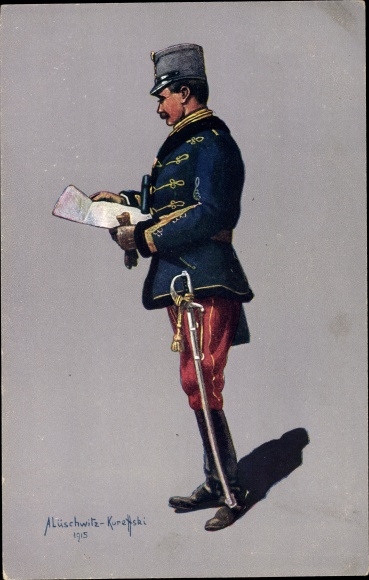 Kunstenaarskaart Lüschwitz Koreffski, A., KuK-soldaat, huzarenstafofficier in velduniform