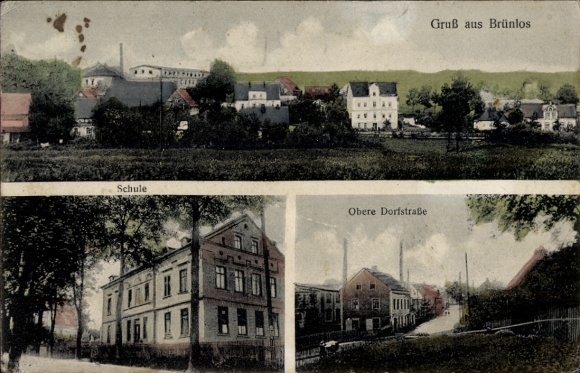 Postcard Brünlos Zwönitz in the Ore Mountains Saxony, general view, Obere Dorfstraße, school