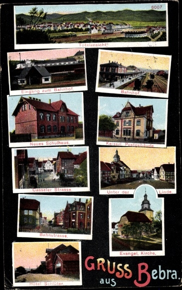 Postcard Bebra on the Fulda in Hesse, train station, post office, Kasseler Strasse, Hotel Schlueter, Bahnstrasse