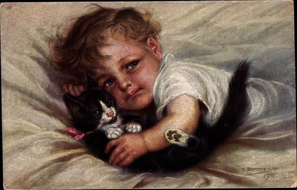 Artist PC Borrmeister, R., Baby with kitten, portrait, 1917