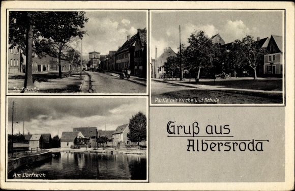KP Albersroda Steigra im Saalekreis, działka z kościołem i szkołą, wiejski staw, wiejska ulica
