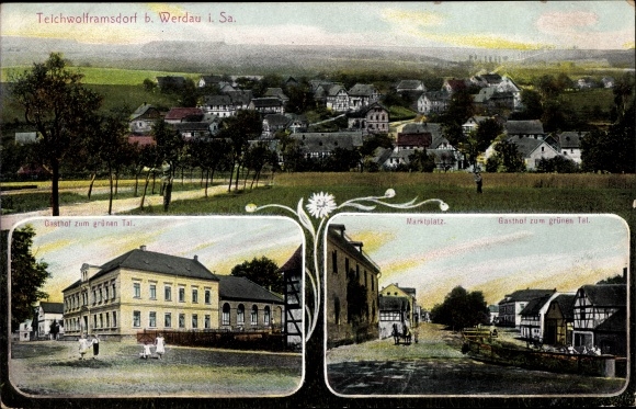 Postcard Teichwolframsdorf Thuringia, market place, inn to the green valley