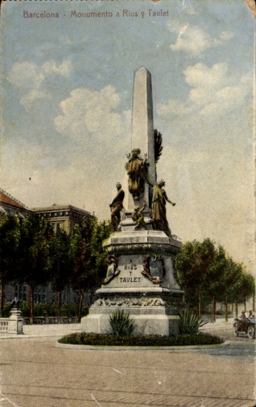 Ak Barcelona Katalonien Spanien, Monument in  Rius y Taulet, Obelisk, Statuen, Bäume